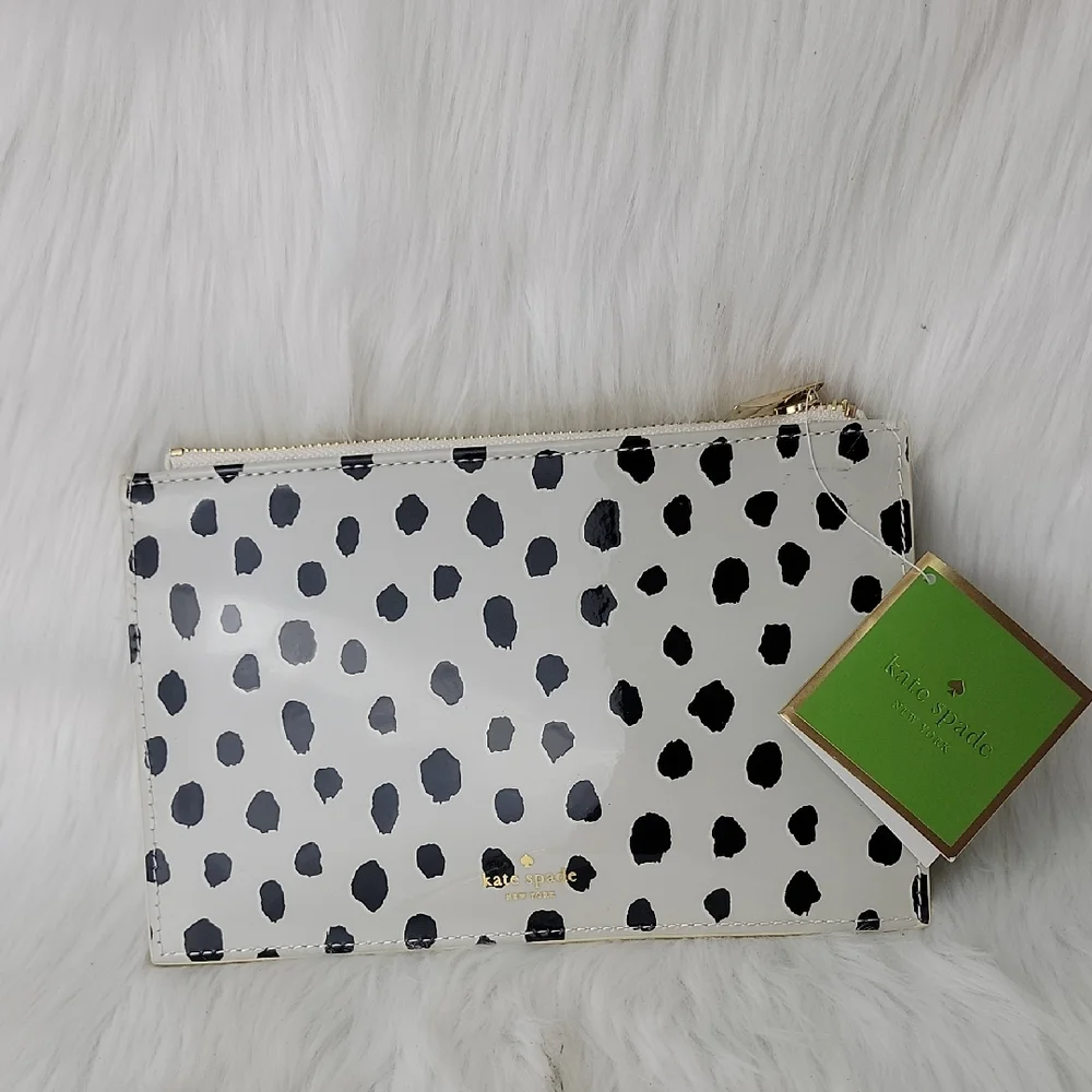 KATE‎ SPADE Ivory Black Spotted Dot Animal Print Preppy Glam Zip Pencil Pouch